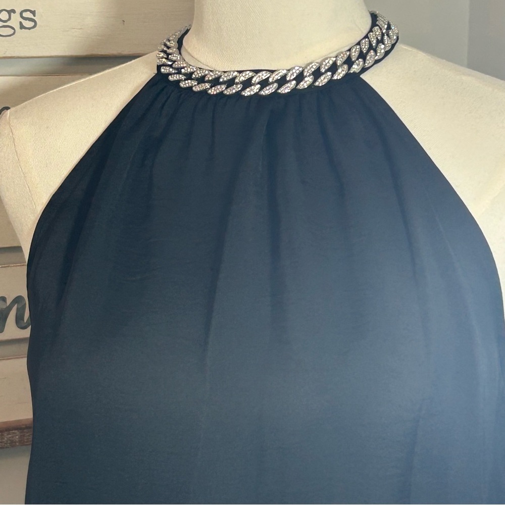 ELLA Rafaella Rhinestone Blouse Sleeveless Mock Neck Black Dressy Formal Top - Picture 2 of 10
